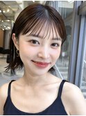 切りっぱなしボブチェリーブラウンミニウルフ前髪縮毛矯正表参道