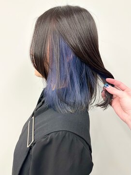 モリオ(morio) *インナーカラーブルーナチュラルボブディ前髪なし30代40代1