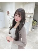 小顔薄めバンググレージュレイヤーロング前髪パーマ黒髪