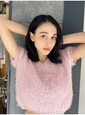 暗髪サラツヤミディ 前髪なしやわらかストレートヘア小顔