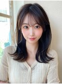 シャギーレイヤーロング韓国ワンホンヘアシースルーぱっつん前髪