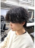 メンズセンターパートウルフセンターパートニュアンスパーマ襟足
