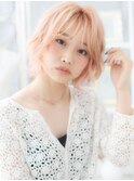 外国人風ハイトーンカラーピンクベージュボブh4越谷10代20代30代