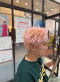 ハイライトカラーシアーピンク波巻きパーマメンズカット
