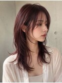 暖色カラーブリーチなしピンクカラー赤髪ボルドーカラーレッド