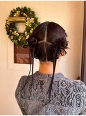 ツインサイドお団子リボンアレンジ 結婚式 お呼ばれヘア 二次会