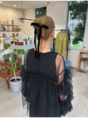 大人可愛いお呼ばれヘアセットお団子ヘアリボンヘアアレンジ
