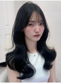 韓国ヘアハッシュカットロングレイヤーカットブルーブラック原宿