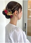 成人式アレンジ　低めお団子　和装アレンジ　おくれ毛　金箔