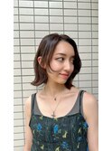 くすみベージュカラー/外ハネくびれボブカット/前髪なし小顔ボブ