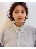 ミニボブ 毛先パーマ　黒髪 シアーグレージュ　くすみベージュ