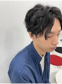 メンズ、センターパート×パーマ