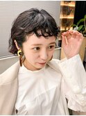 ミニボブパーマ　くるくる　ショートバング　黒髪
