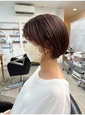 ショートボブカットブラウン顔周り大人キレイスタイル丸み感◎