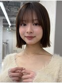 顔周りカット/縮毛矯正/ダークブラウン/コーラルピンク