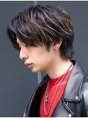 メンズミディアムセンターパートウルフ束感ハイライトカラー