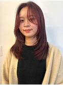ピンクレッド ブリーチなしダブルカラー 顔周りレイヤー 艶感