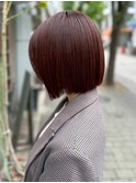 チェリーブラウン 切りっぱなしボブ 艶髪 ブリーチなしカラー
