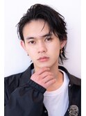 メンズマッシュシャドウパーマダークアッシュ束感ショートウルフ