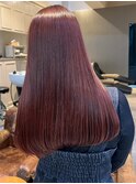 レッドカラー 暖色系カラー セミロング 艶髪 髪質改善カラー