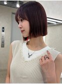 顔周りカット/縮毛矯正/ダークブラウン/コーラルにピンク/ボブ
