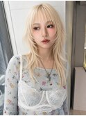 バタフライカットハッシュカット韓国ロングホワイトブロンドヘア