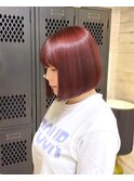 レッドカラー赤髪ダブルカラー切りっぱなしボブ暖色カラー前髪