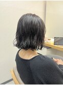 切りっぱなしボブ×パーマ×グレージュ