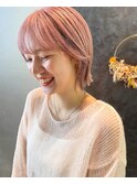 ピンクベージュ/ハイトーン/ボブ/切りっぱなし