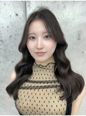 美髪オリーブグレージュ韓国レイヤーロングセミディ顔周り前髪