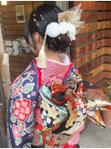 成人式アレンジ　着物ヘアセット　低めシニヨン　お団子　金箔