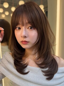 オリーブグレー×小顔[ココアベージュ/黒髪/くらげヘアー]