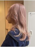 ピンクカラーハイトーンボブ/ピンクベージュウェーブスタイル