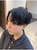 ハイライト ブルー 波巻きパーマ 横浜