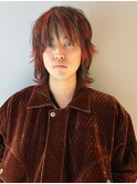 【SAL】赤髪ポイントメッシュセミロングウルフ