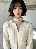 ハイライトクラゲヘアミニボブ成人式パーマミディアム裾カラー