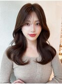 シャギーレイヤーロング韓国ワンホンヘアシースルーぱっつん前髪