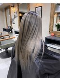 バレイヤージュ、ハイライト、レイヤーロング、グレーベージュ