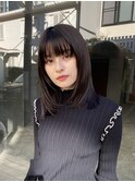 黒髪暗髪韓国ミディアムレイヤーカット イメチェン ワイドバング