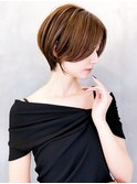 ミニウルフチェリーブラウンブリーチなしショートボブ前髪/柏柏