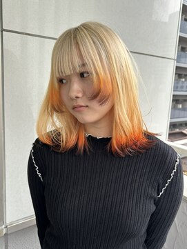 イニット 奈良新大宮(init.) 20代30代ダブルカラーシアーオレンジミディアムウルフボブピンク