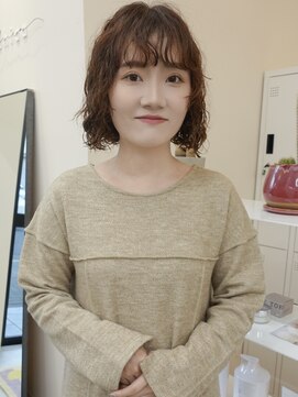 しっかりウェーブのボブパーマ×オレンジブラウン