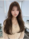 セミロングレイヤーカットストレートロングウルフカットベージュ