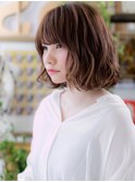 ★斜めバング逆グラデーションカラー波巻きボブ20代30代40代★9