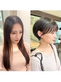 ココアベージュ前髪あり小顔愛され大人ガーリーショートボブ