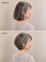 aptas 青山/表参道 白髪染め/白髪ぼかしハイライト/ボリュームアップエクステ&nbsp;60代の大人グレイヘアボブ｜表参道・青山