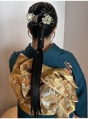 成人式　ヘアセット　ローポニー　金箔　水引　辻堂