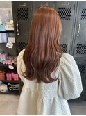 オレンジブラウンブリーチなしカラーゆるふわロングスタイル