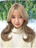 美髪カールミルクティーベージュロングセミディ韓国レイヤー