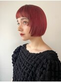 デザインカラー/オン眉/ボブ/フルバング/ローライト/赤髪